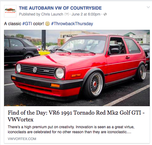 Autobarn VW of Countryside shows how to keep a Facebook post relevant and short.